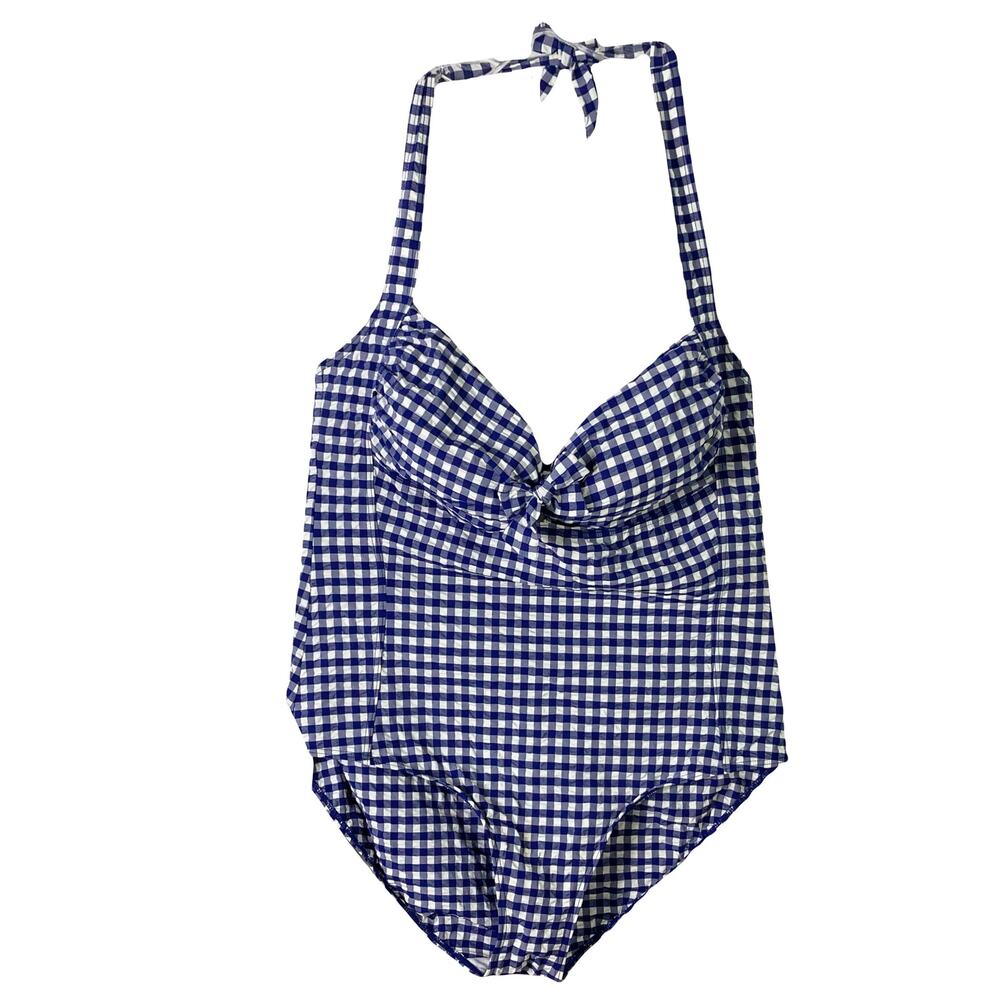 Nwot TU One-Piece Bathing Suit UK 20/US 16 Blue-White Plaid Crinkle Tie-Bow